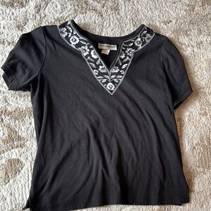 Black Embroidered V-Neck Top